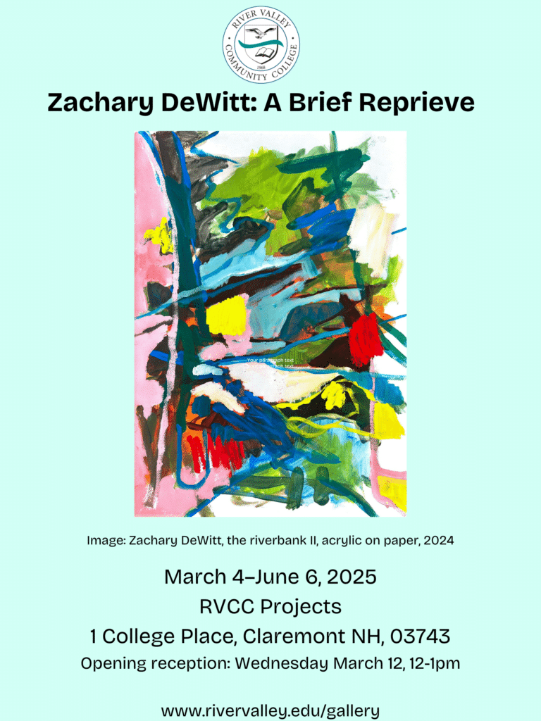 A gallery poster with a teal background an abstract painting. The poster text is accessible in the press release linked on this webpage