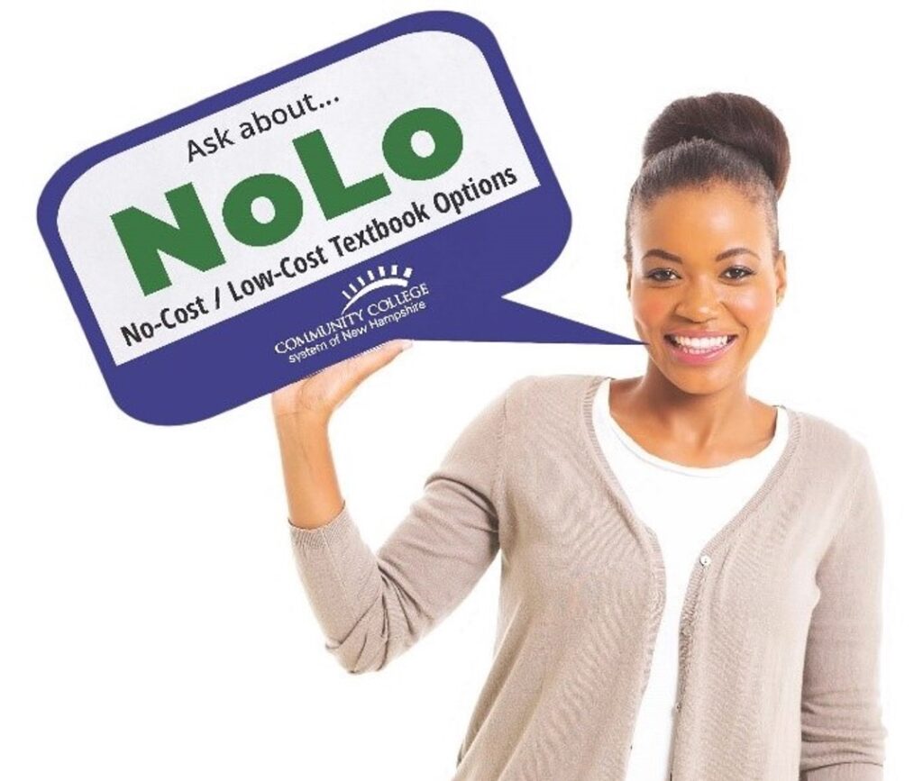 NoLo Nancy holding a sign: "Ask about... NOLO No-Cost Low-Cost Textbook options"