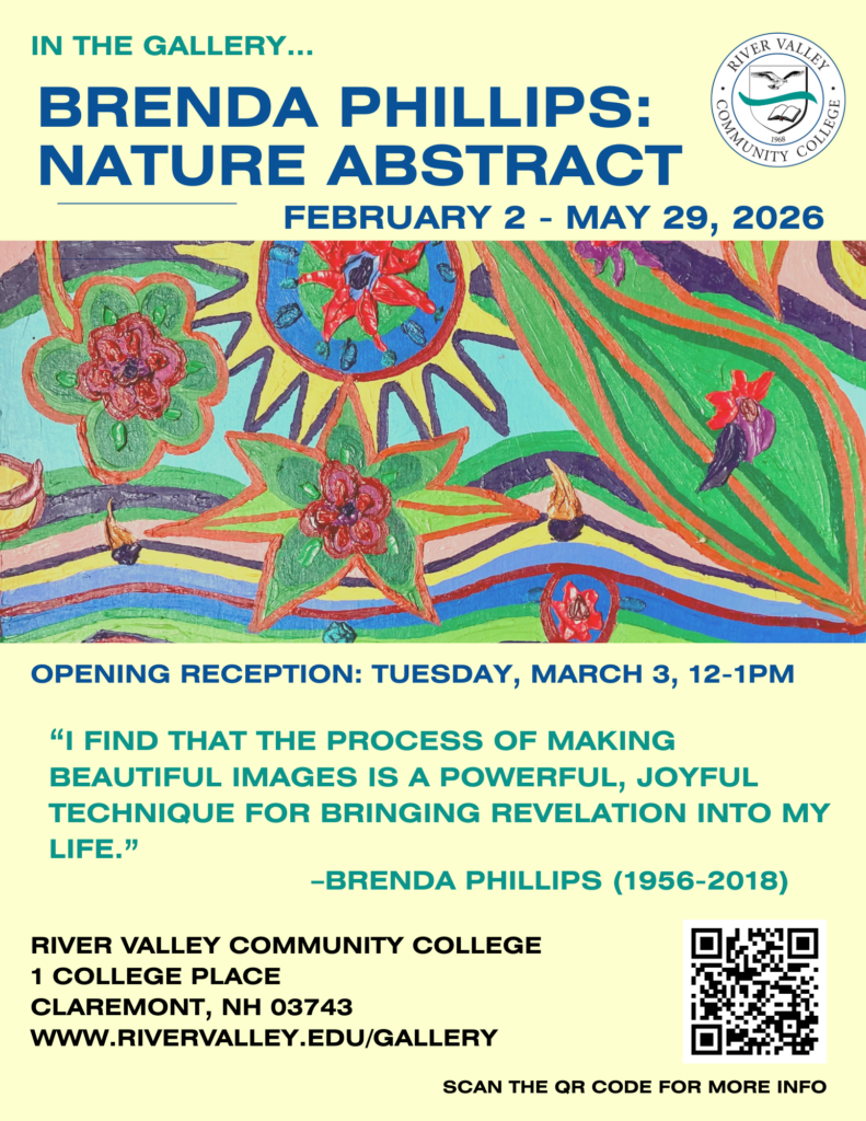 A brightly colored poster for Brenda Phillips exhibit with information contained on the website and press release